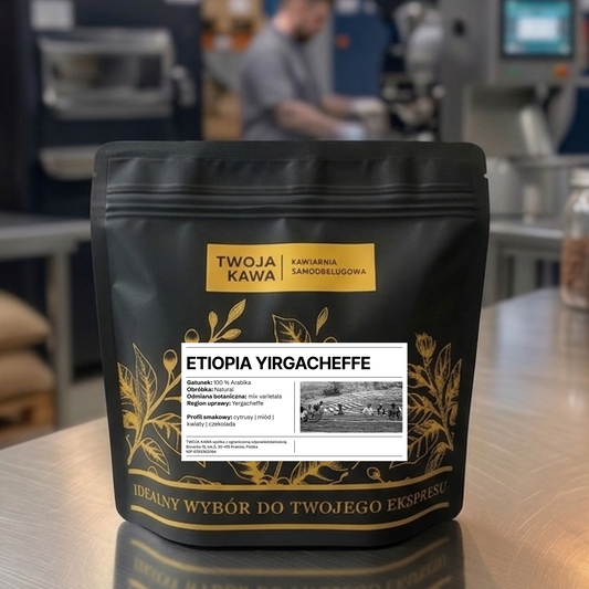 Kawa ziarnista Etiopia Yirgacheffe w czarno‑złotej saszetce TWÓJ A KAWA