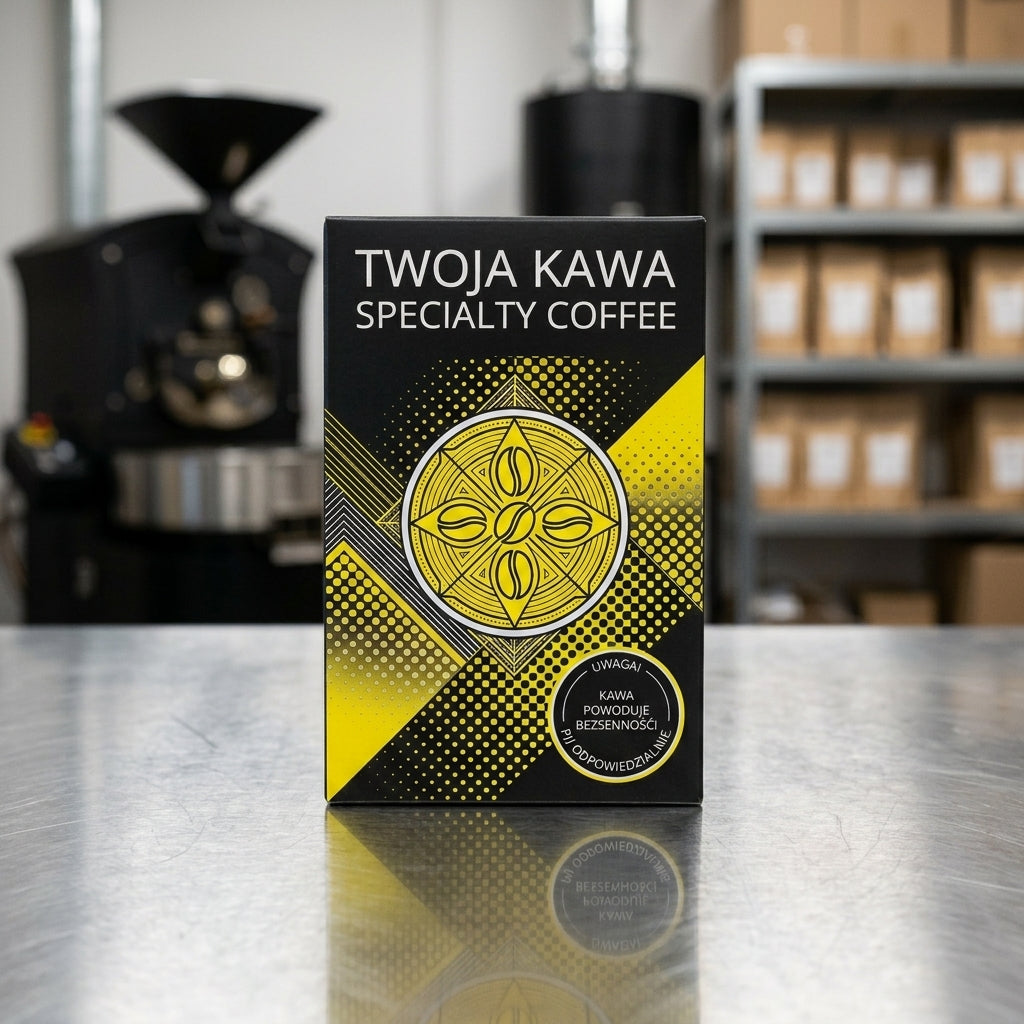 Pudełko kawy specialty z czarną i żółtą grafiką oraz napisem TWOJA KAWA SPECIALTY COFFEE