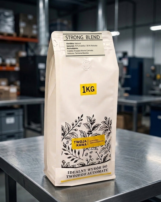 Kawa ziarnista Strong Blend w worku 1 kg z żółtym oznaczeniem na froncie