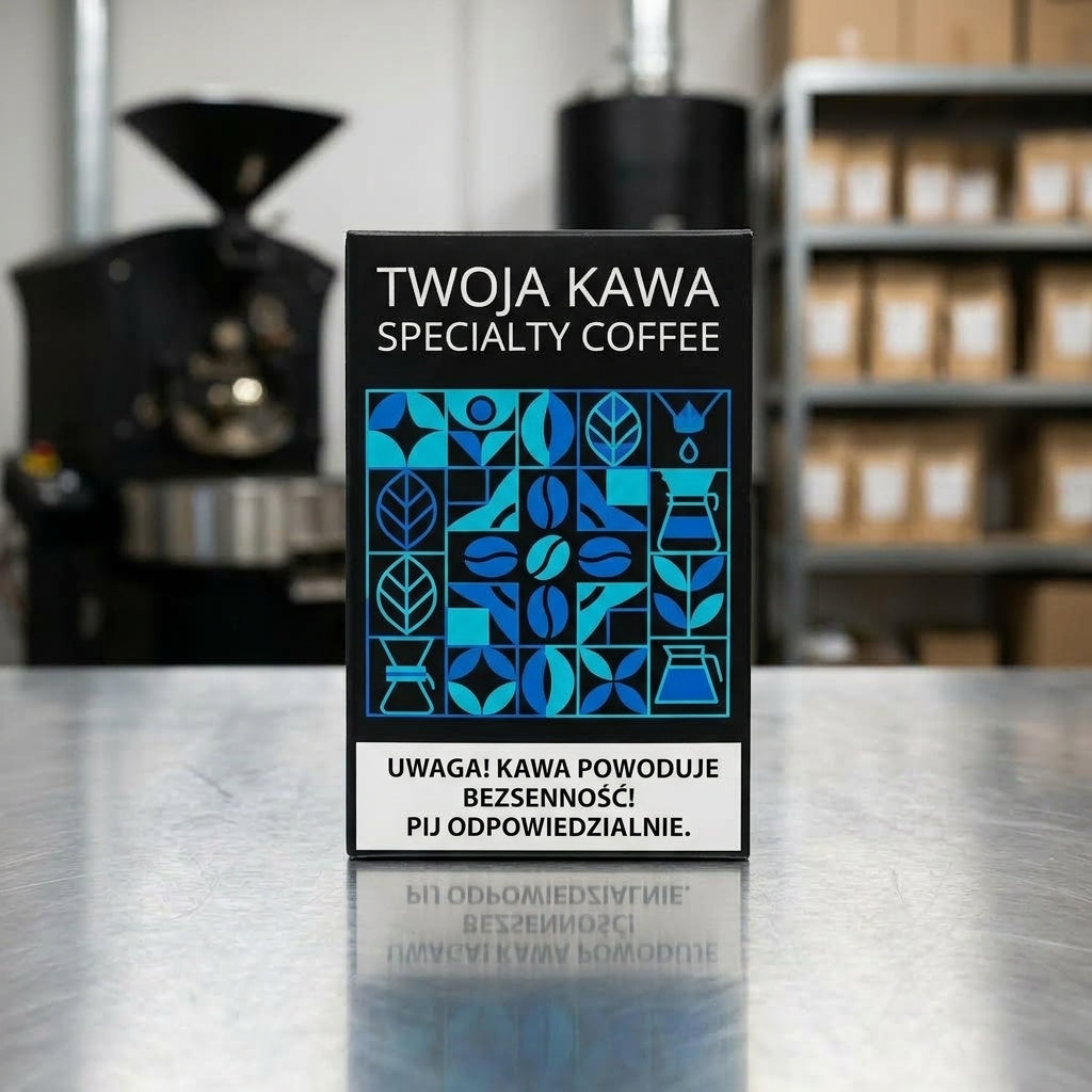 Pudełko kawy specialty do dripa, czarne logo i ostrzeżenie na etykiecie