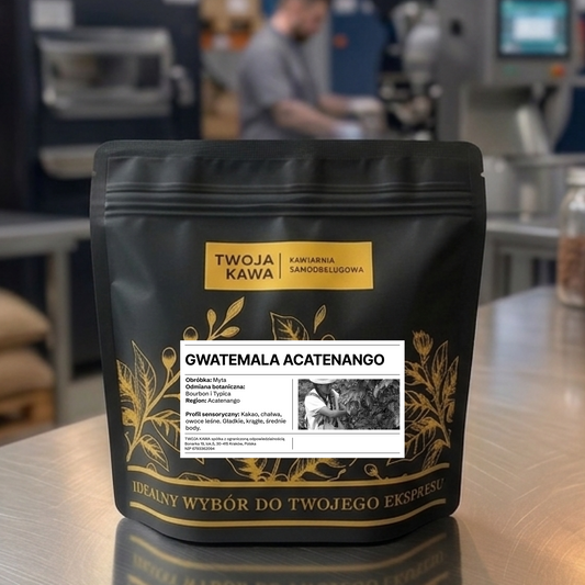 Woreczek z ziarnami kawy specialty Guatemala Acatenango, czarny z złotą etykietą