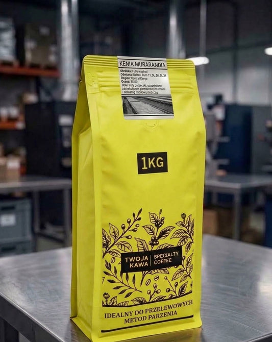 Worek z kawą ziarnistą Kenya Murarandia 1 kg, tył z okienkiem i logo