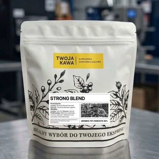 Torebka z kawą ziarnistą Strong Blend 70/30, 250 g, żółta i czarna etykieta