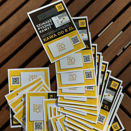 Zestaw bonów TWOJA KAWA z kodami QR i napisem 50