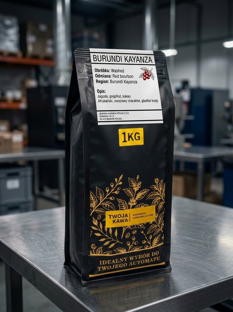 Woreczek z kawą ziarnistą BURUNDI KAYANZA 1 kg, czarny z złotym motywem