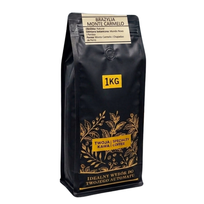 Kawa ziarnista BRAZYLIA MONTE CARMELO, czarny worek 1KG ze złotym ornamentem