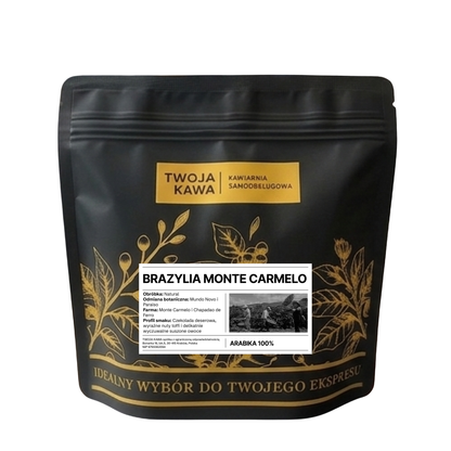 Worek z kawą ziarnistą Arabica 100% Brazylia Monte Carmelo, ciemny z etykietą