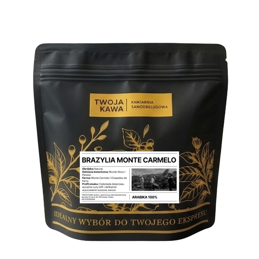 Worek z kawą ziarnistą Arabica 100% Brazylia Monte Carmelo, ciemny z etykietą