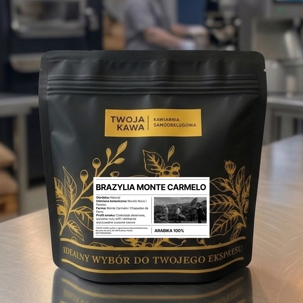 Worek z kawą ziarnistą Arabica 100% Brazylia Monte Carmelo, ciemny, złote zdobienia