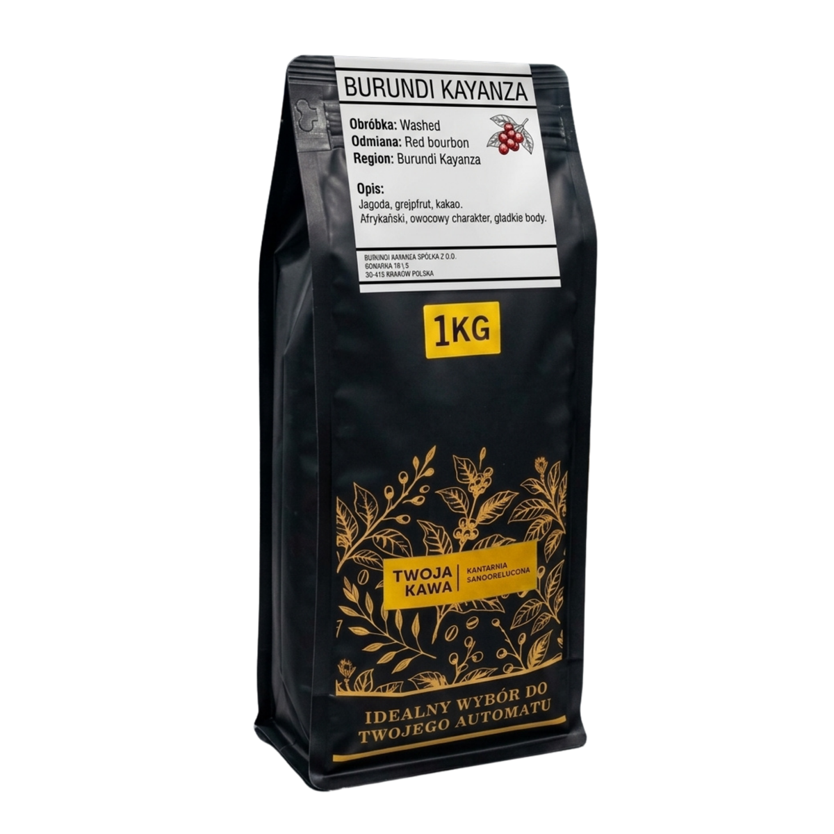 Worek z kawą BURUNDI KAYANZA 1 kg, czarny z etykietą i złotą grafiką