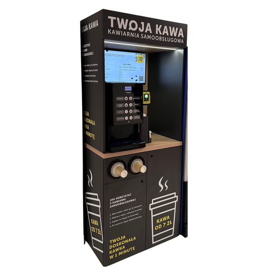 Automat do kawy samoobsługowy z ekranem, widok z przodu, wersja MINI