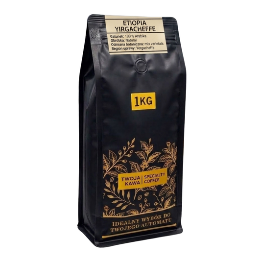 Kawa ziarnista 1KG w czarnym worku, etykieta Etiopia Yirgacheffe.