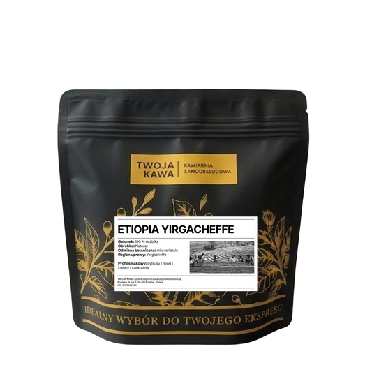 Saszetka kawy Etiopia Yirgacheffe z etykietą do espresso, czarno‑złota