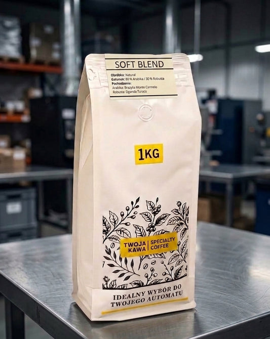 Woreczek z kawą ziarnistą SOFT BLEND 1 kg, widoczna etykieta