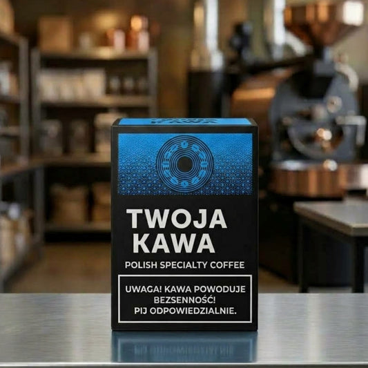 Pudełko z kawą specialty TWOJA KAWA, niebieskie tło i okrągły wzór
