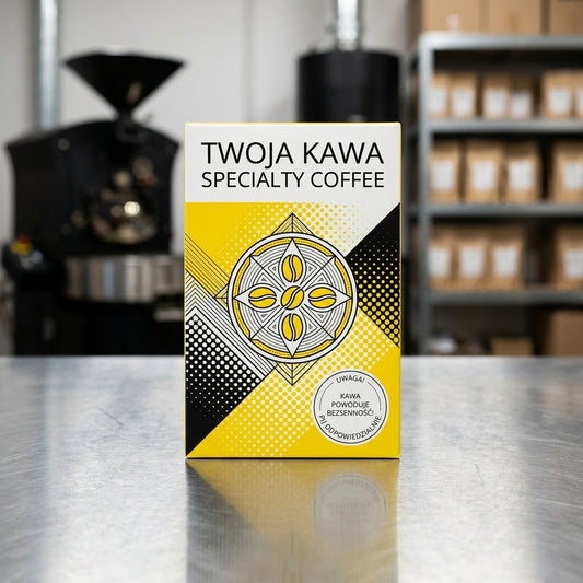 Pudełko kawy specialty do dripa, żółto-czarne, z grafiką i napisem Twoja Kawa