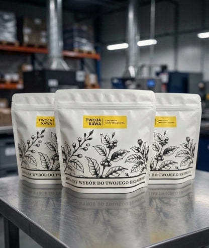 Torebka z kawą Strong Blend 70/30, 250 g, biało-czarna grafika roślinna