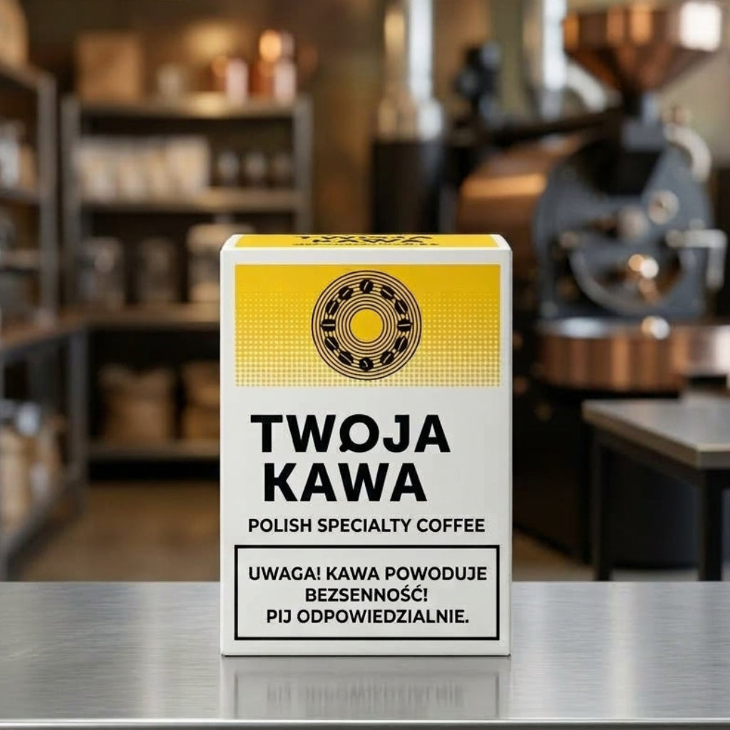 Kartonowe opakowanie kawy TW0JA KAWA POLISH SPECIALTY COFFEE, etykieta ostrzegawcza