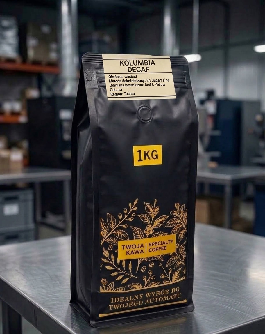 Worek 1 kg kawy ziarnistej bezkofeinowej KOLUMBIA DECAF, złota grafika i nadruk