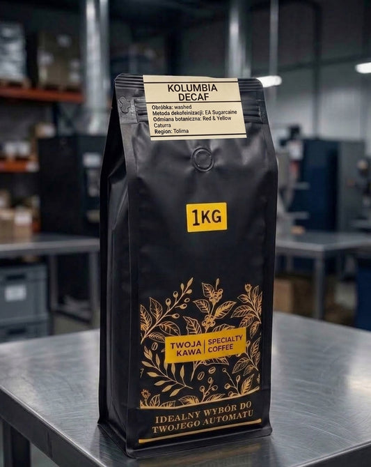 Worek 1 kg kawy ziarnistej bezkofeinowej KOLUMBIA DECAF, złota grafika i nadruk