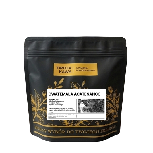 Woreczek z kawą ziarnistą specialty, czarny z etykietą Guatemala Acatenango