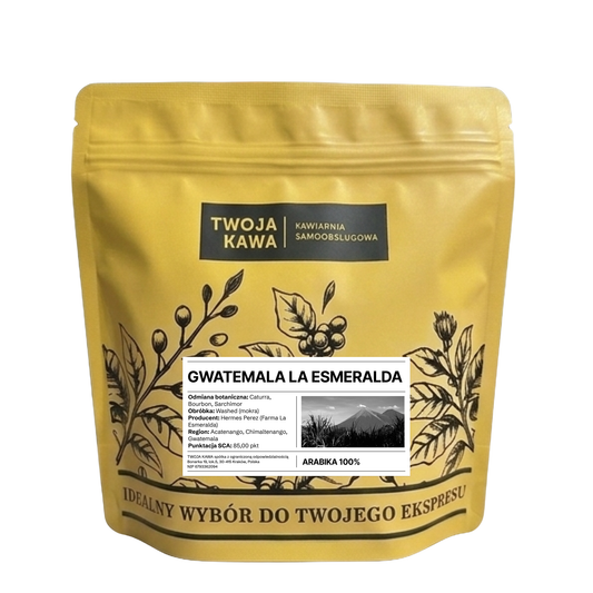 Front opakowania kawy ziarnistej: żółta folia i etykieta GWATEMALA LA ESMERALDA