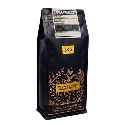 Worek z kawą specialty 1 kg, przód z etykietą i złotym dekoracyjnym wzorem.