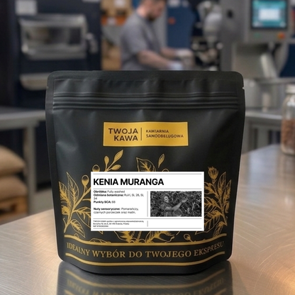 Woreczek z kawą ziarnistą do espresso KENIA MURANGA, czarny z żółtymi zdobieniami