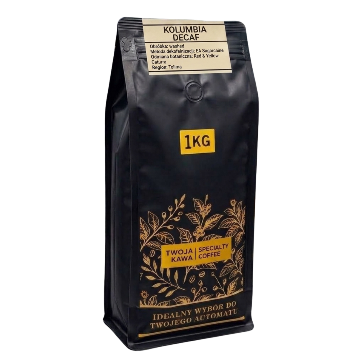 Opakowanie 1 kg kawy ziarnistej KOLUMBIA DECAF, czarny worek z złotą etykietą