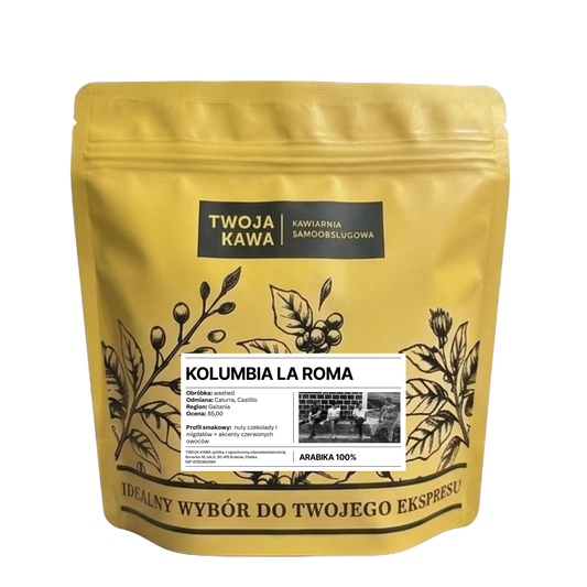 Złoty worek kawy ziarnistej z nadrukiem KOLUMBIA LA ROMA i 250 g