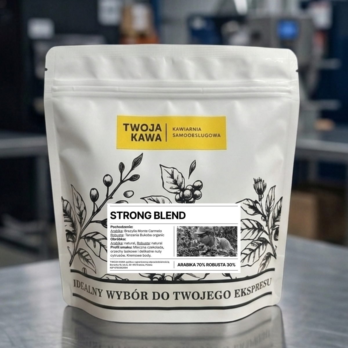 Torebka z kawą ziarnistą Strong Blend 70/30, 250 g, żółta i czarna etykieta