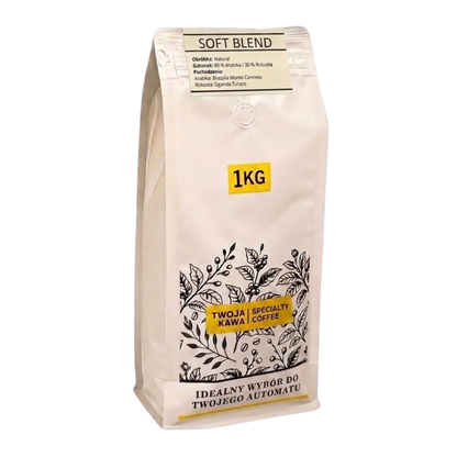 Woreczek kawy SOFT BLEND 1 kg, z nadrukiem roślinnym i napisem