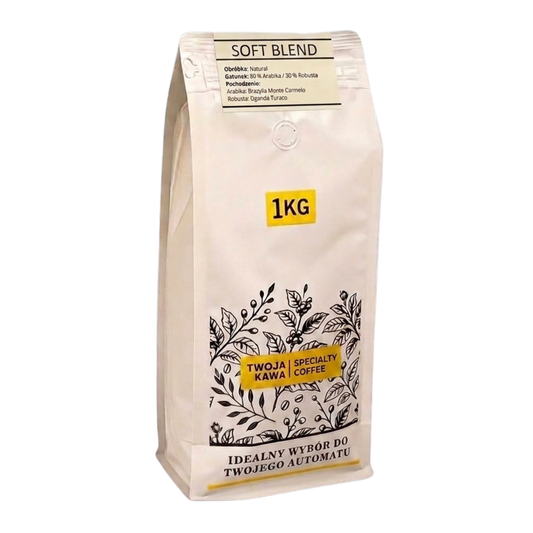 Woreczek kawy SOFT BLEND 1 kg, z nadrukiem roślinnym i napisem