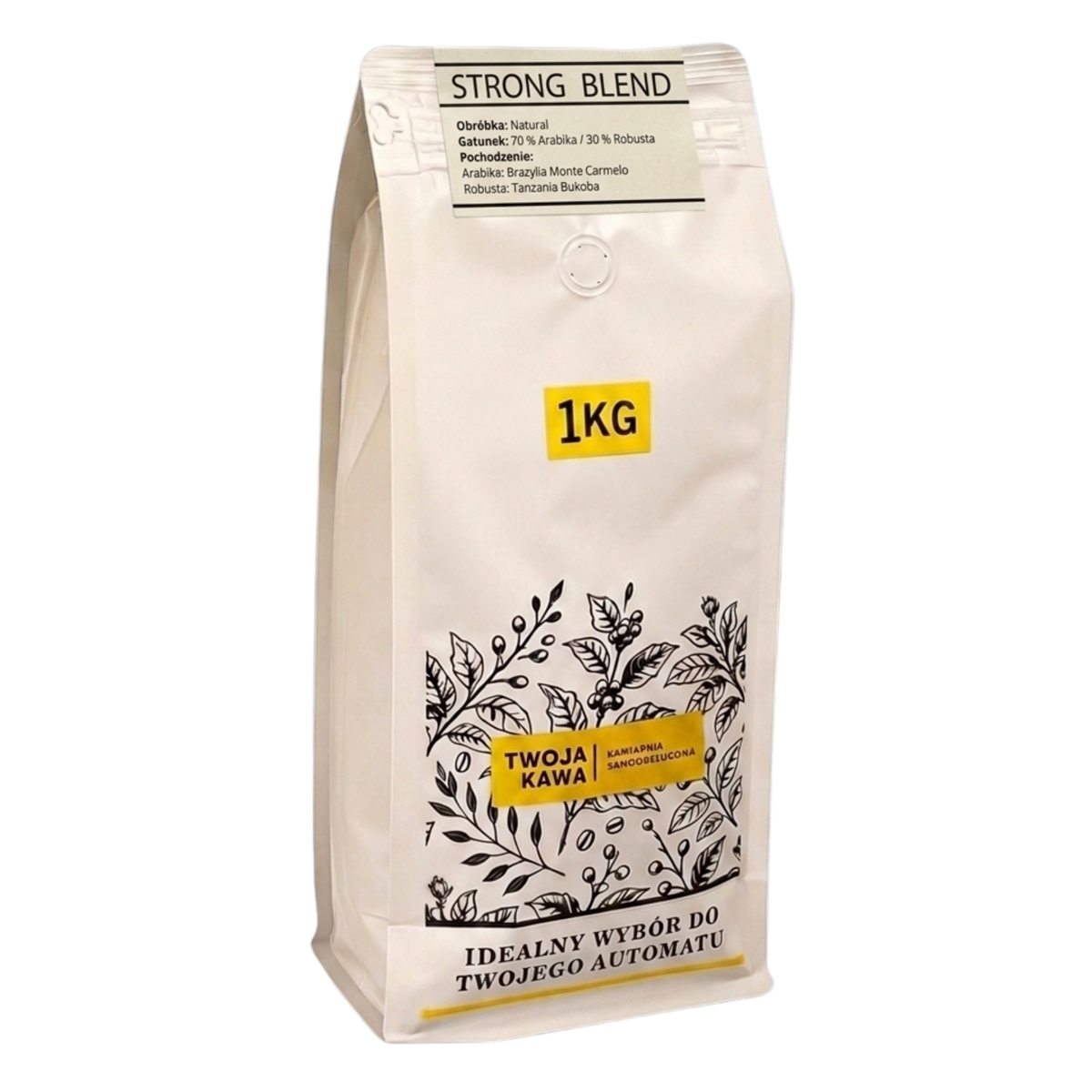 Kawa ziarnista Strong Blend 1 kg w białym worku, nadruk logo i informacje