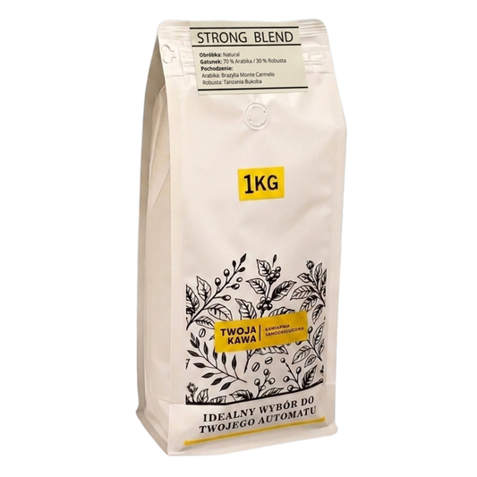 Kawa ziarnista Strong Blend 1 kg w białym worku, nadruk logo i informacje
