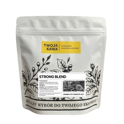 Torebka z kawą Strong Blend 70/30, 250 g, front z opisem i roślinną grafiką