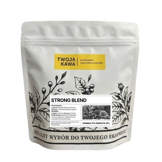 Torebka z kawą Strong Blend 70/30, 250 g, front z opisem i roślinną grafiką