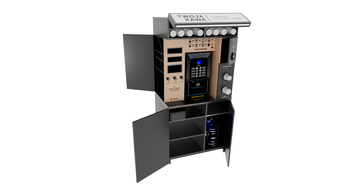 Automat do kawy samoobsługowej, otwarta komora z pojemnikami i panelem sterowania