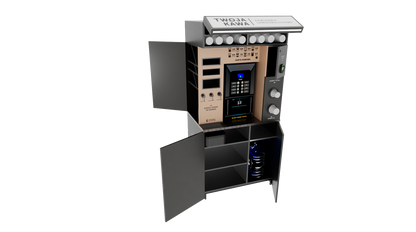 Automat do kawy samoobsługowej, otwarta komora z pojemnikami i panelem sterowania